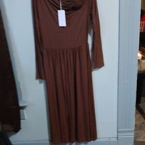 Long-Sleeve Brown Midi Dress with Draped Neckline